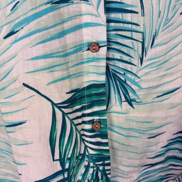Tahari 100% Linen Teal Blue White Leaf Print Button Back Blouse - Picture 4 of 6